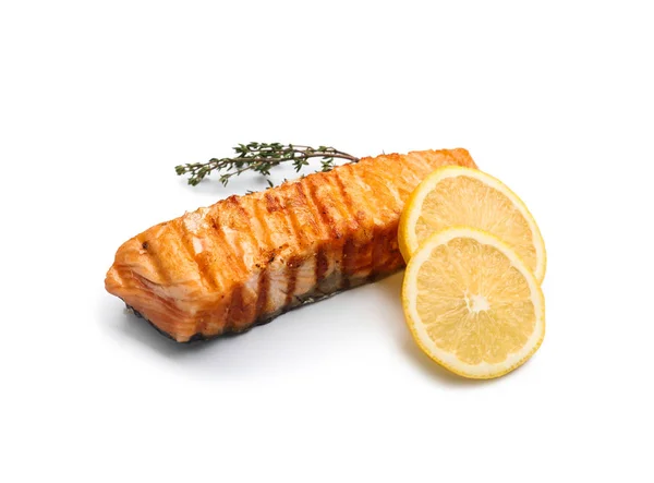 Piece Tasty Grilled Salmon Lemon White Background — Stock Photo, Image