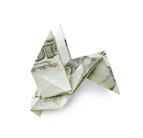 Origami Pájaro Hecho Billete Dólar Sobre Fondo Blanco —  Fotos de Stock