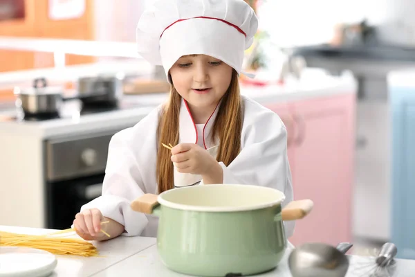 Cute Little Girl Dressed Chef Playing Home — Stock Photo, Image