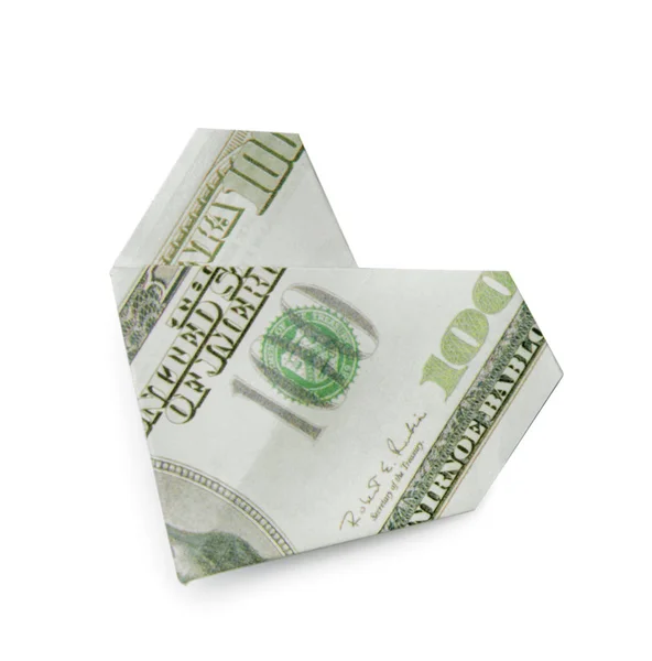 Origami Serce Wykonane Banknotu Dolarowego Białym Tle — Zdjęcie stockowe