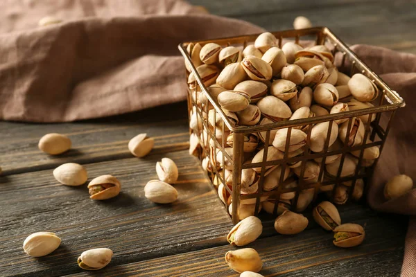 Basket Tasty Pistachio Nuts Wooden Table — Stock Photo, Image