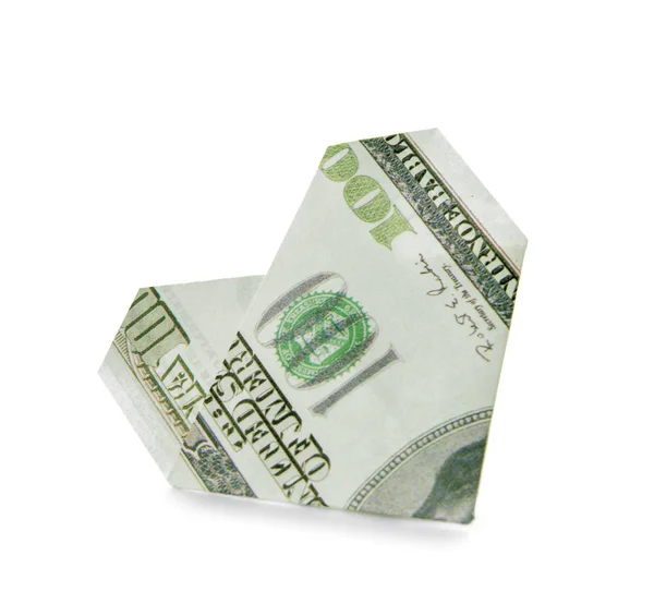 Corazón Origami Hecho Billete Dólar Sobre Fondo Blanco —  Fotos de Stock