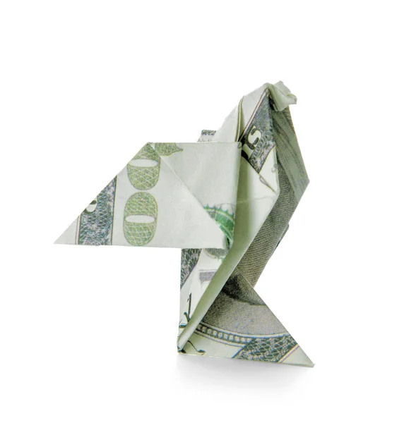 Beyaz Arka Planda Dolar Banknotundan Yapılmış Origami Kuşu — Stok fotoğraf