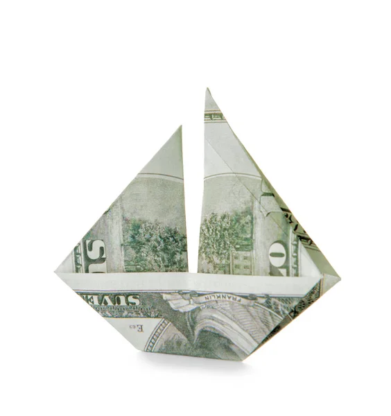 Buque Origami Hecho Billete Dólar Sobre Fondo Blanco —  Fotos de Stock