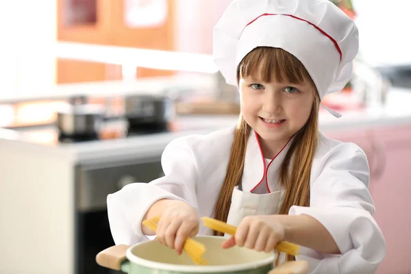 Cute Little Girl Dressed Chef Playing Home — Stock Photo, Image