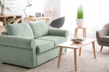 Şık iç rahat kanepe ve ahşap masa oturma odası