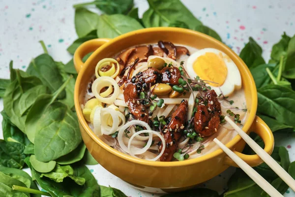 Tasty Chinese Soup Pot Herbs Light Table — Stock Photo, Image