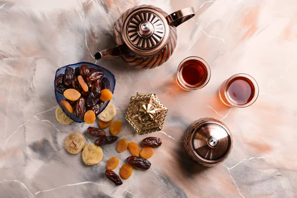 Muslim Lantern Dried Fruits Tea Table — Stock Photo, Image