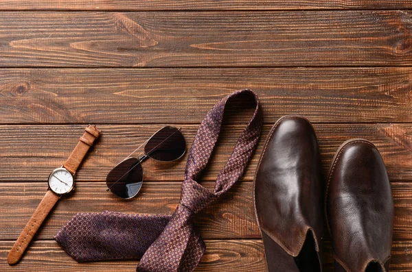 Stylish Male Accessories Wooden Table — Stock Photo, Image