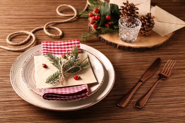 Beautiful Christmas Table Setting Wooden Background — Stock Photo, Image