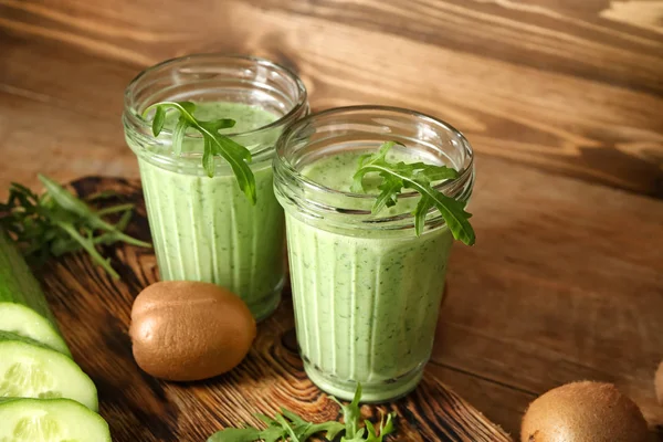 Glasses Healthy Juice Ingredients Wooden Table — Stock Photo, Image