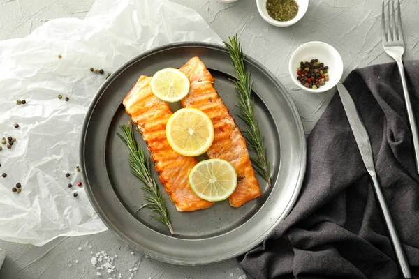 Pieces Tasty Grilled Salmon Plate — Stock Photo, Image