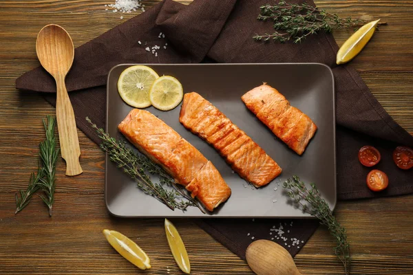 Pieces Tasty Grilled Salmon Plate — Stock Photo, Image