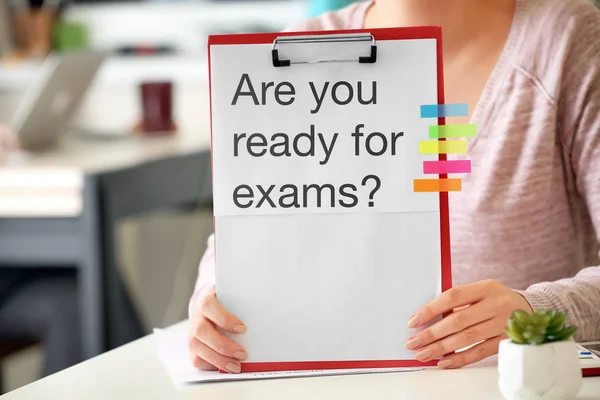 Girl Holding Clipboard Text You Ready Exams Classroom — Stock Photo, Image