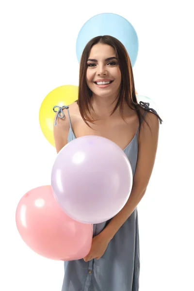Mooie Jonge Vrouw Met Ballonnen Witte Achtergrond — Stockfoto