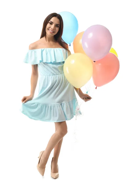 Belle Jeune Femme Avec Des Ballons Sur Fond Blanc — Photo