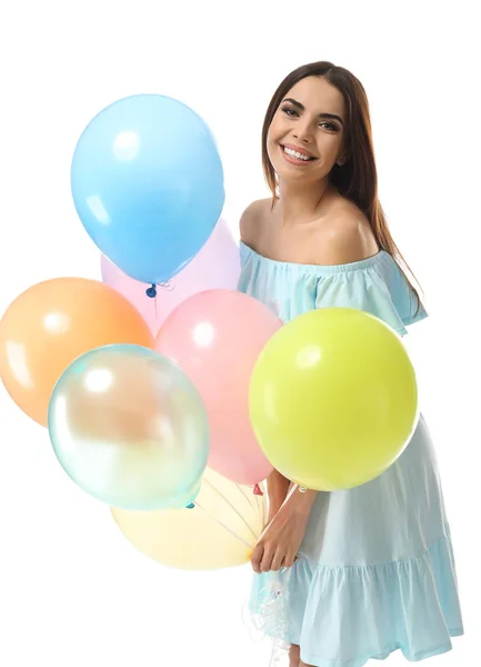 Schöne Junge Frau Mit Luftballons Auf Weißem Hintergrund — Stockfoto