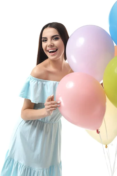 Belle Jeune Femme Avec Des Ballons Sur Fond Blanc — Photo