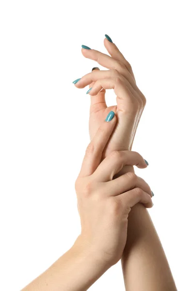 Mãos Femininas Com Bela Manicure Fundo Branco — Fotografia de Stock