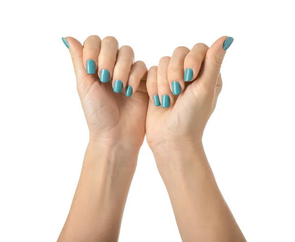 Mãos Femininas Com Bela Manicure Fundo Branco — Fotografia de Stock