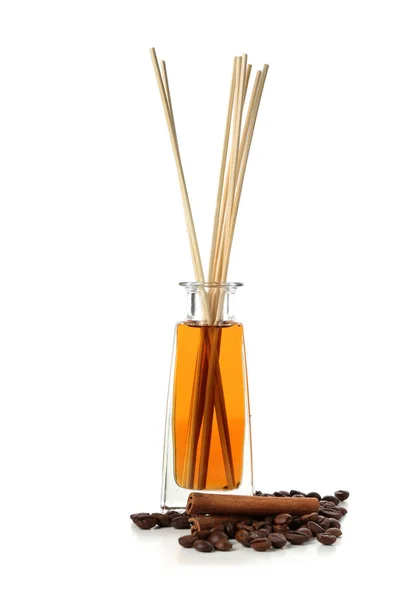 Reed Diffuser Coffee Beans Cinnamon White Background — Stock Photo, Image