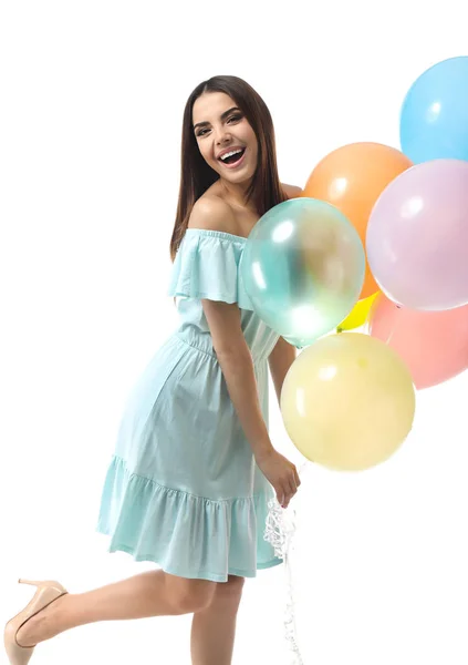 Hermosa Joven Con Globos Sobre Fondo Blanco — Foto de Stock