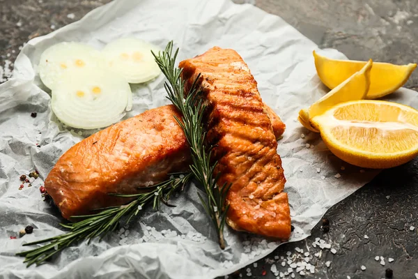 Pieces Tasty Grilled Salmon Table — Stock Photo, Image