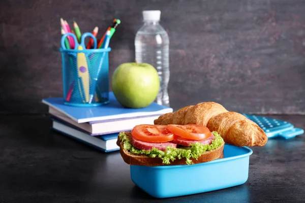 Tasty school lunch on table