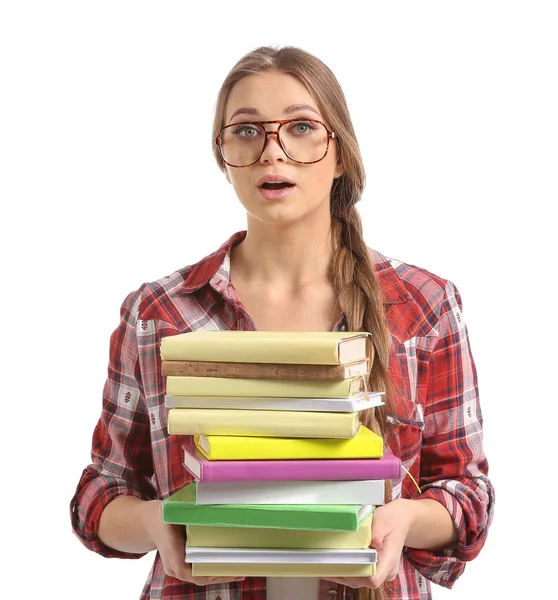 Hermosa Joven Con Pila Libros Sobre Fondo Blanco — Foto de Stock