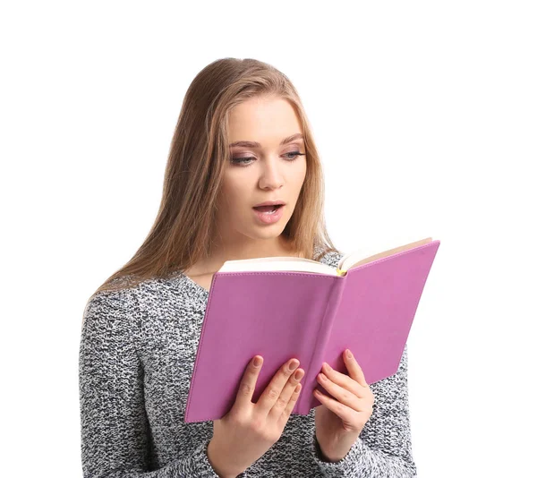 Mujer Joven Sorprendida Con Libro Sobre Fondo Blanco — Foto de Stock