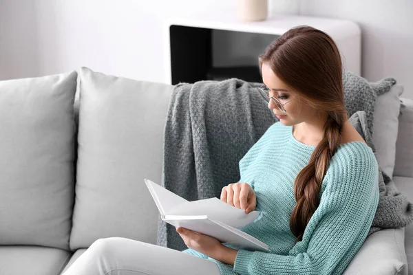 Beautiful Young Woman Reading Book Home — Stock Photo, Image