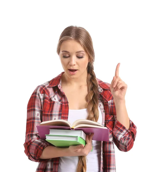 Hermosa Mujer Joven Con Dedo Índice Levantado Libros Lectura Sobre — Foto de Stock