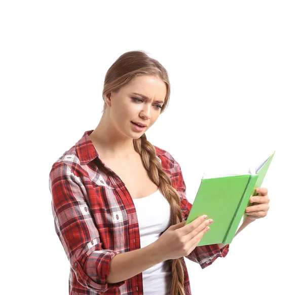 Mujer Joven Desconfiada Con Libro Sobre Fondo Blanco — Foto de Stock