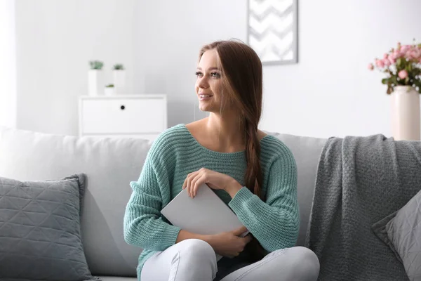 Beautiful Young Woman Reading Book Home — Stock Photo, Image