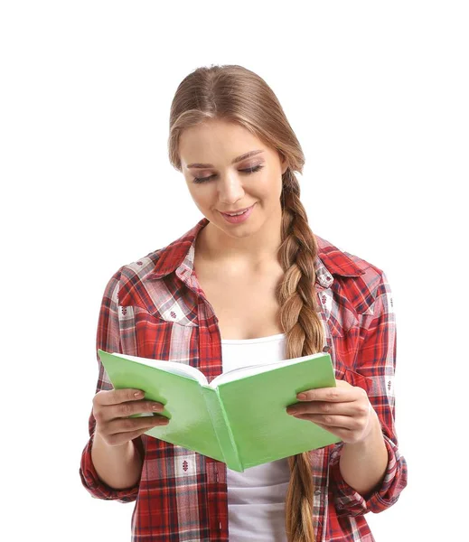 Hermosa Joven Con Libro Sobre Fondo Blanco — Foto de Stock