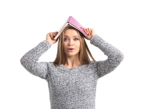 Hermosa Joven Con Libro Sobre Fondo Blanco — Foto de Stock