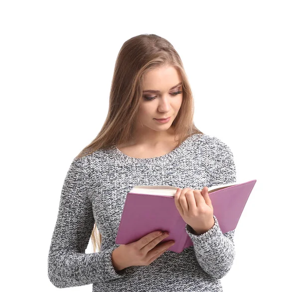 Mooie Jonge Vrouw Met Boek Witte Achtergrond — Stockfoto