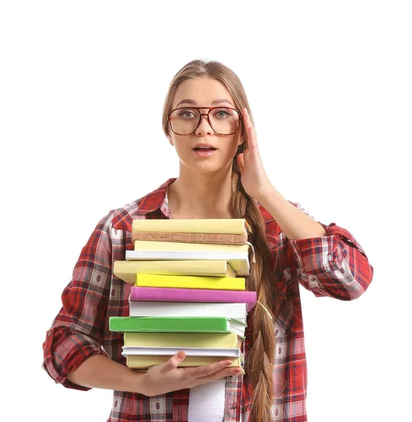 Hermosa Joven Con Pila Libros Sobre Fondo Blanco — Foto de Stock