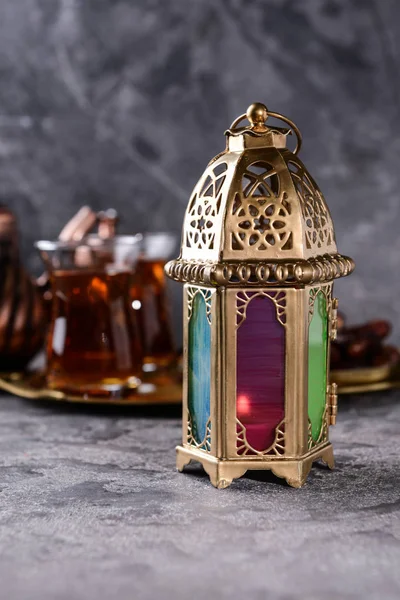 Muslim Lamp Ramadan Symbol Grey Table — Stock Photo, Image