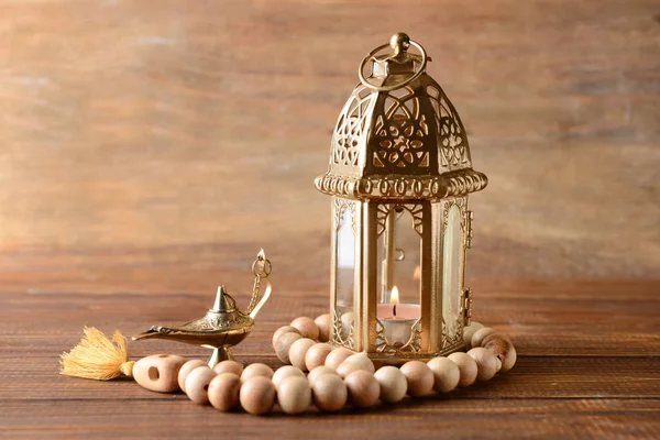 Muslim Lamps Tasbih Wooden Table — Stock Photo, Image