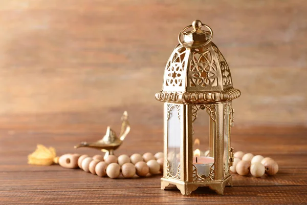 Muslim Lamps Tasbih Wooden Table — Stock Photo, Image