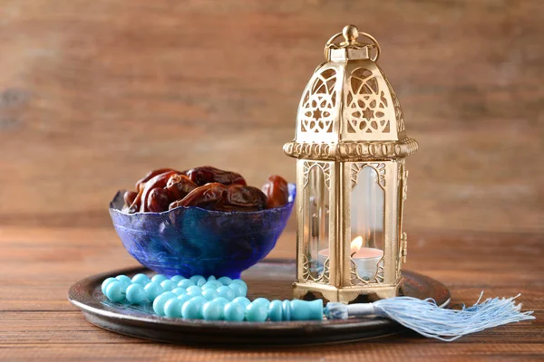 Muslim Lamp Dates Tasbih Wooden Table — Stock Photo, Image