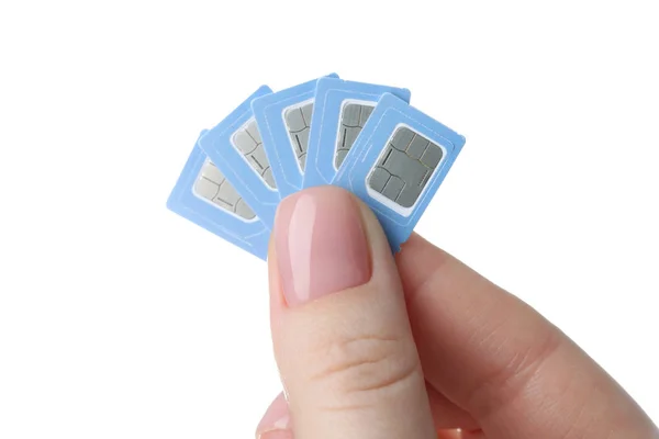 Female Hand Holding Sim Cards White Background — Stock Photo, Image