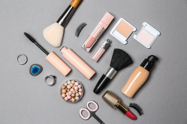 Set Makeup Cosmetics Accessories Grey Background — Stock Photo, Image