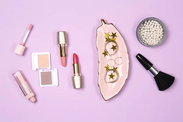 Set Makeup Cosmetics Jewelry Color Background — Stock Photo, Image