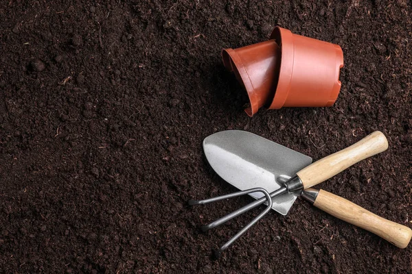 Gardening Tools Pots Soil — Stock Photo, Image