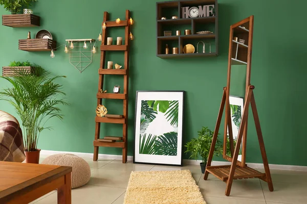 Interior Beautiful Modern Room Green Wall — Stock Photo, Image