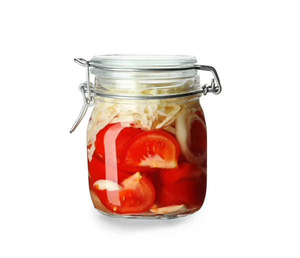 Glass Jar Fermented Vegetables White Background — Stock Photo, Image
