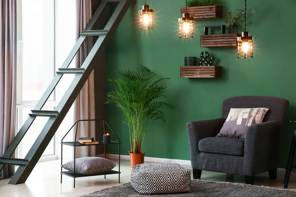 Interior Beautiful Modern Room Green Wall — Stock Photo, Image