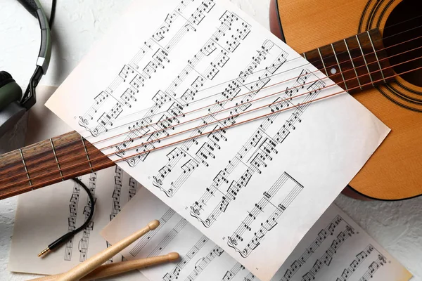 Composition Guitar Music Sheets White Background — Stock Photo, Image